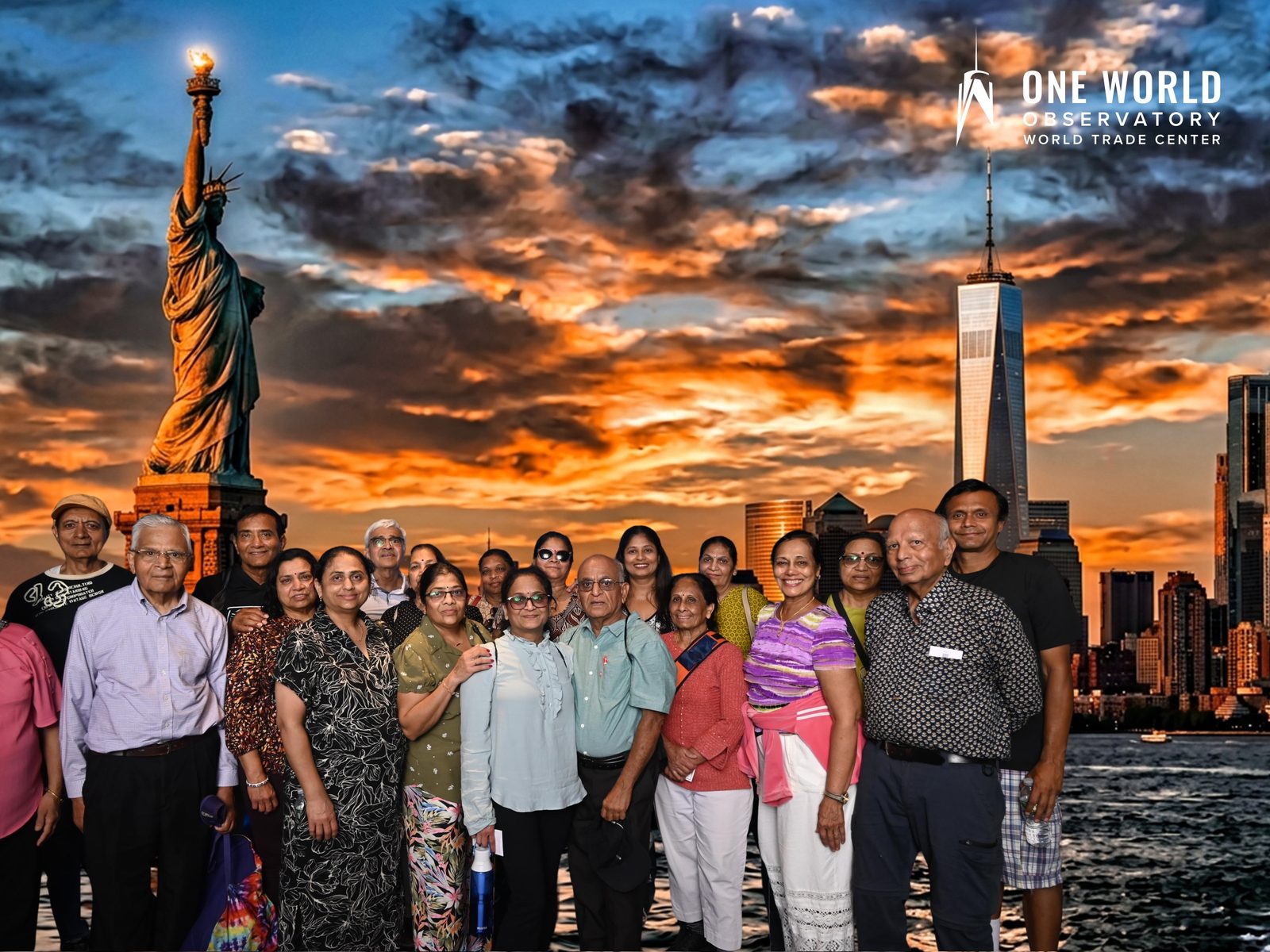 Tour group at sunset with the Statue of Liberty